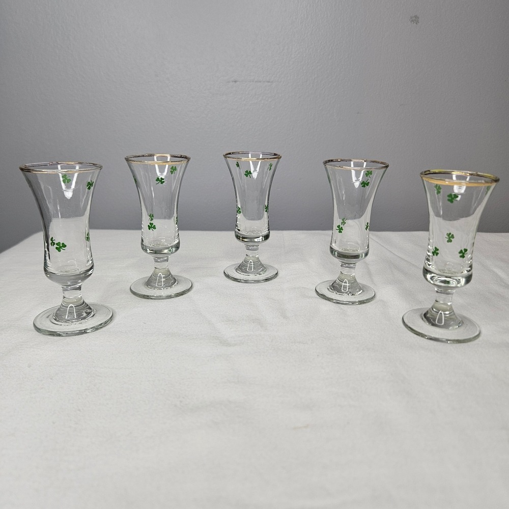 Vtg Shamrock Gold Rim Cordial Shot‎ Glasses Set of 5 Irish St Patricks Day 4in